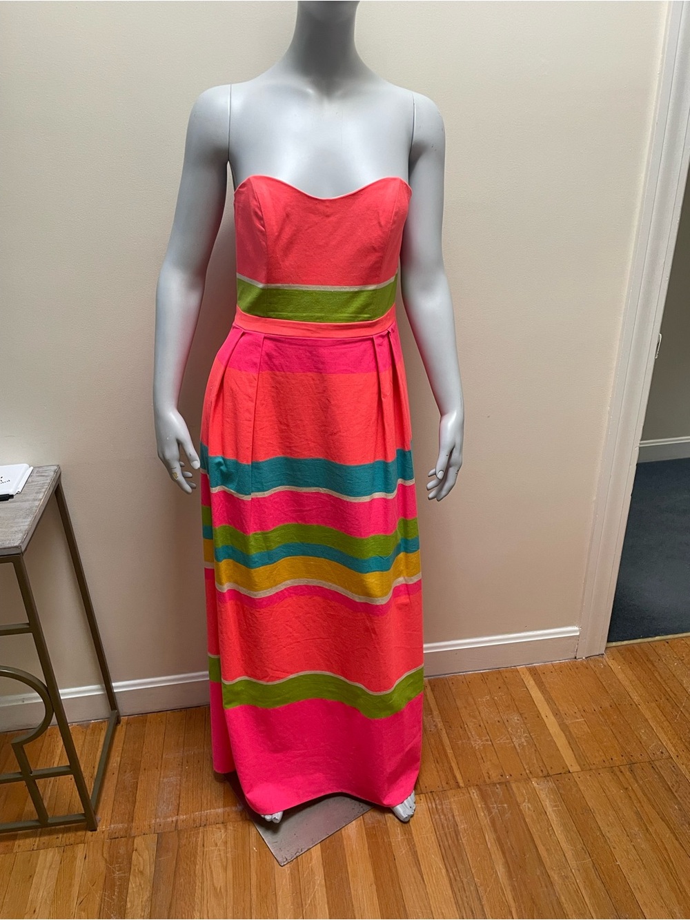JB by Julie Brown Strapless Neon Coral & Lime Striped Maxi Dress with Pockets.
